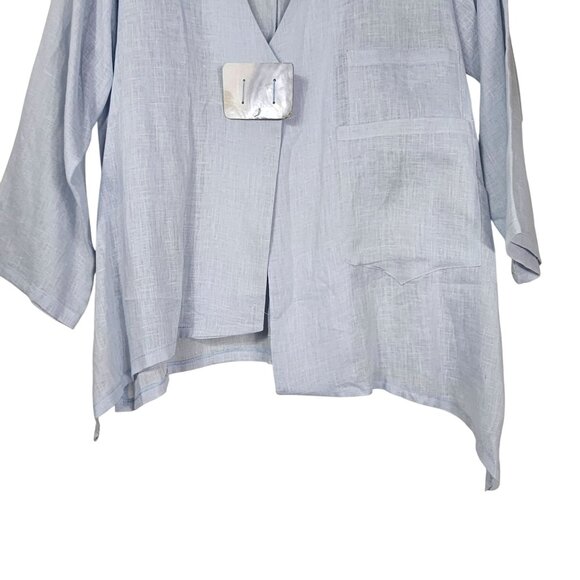 VTG Heydari Blue Linen Asymmetrical Jacket L Lagenlook Mother of Pearl Artsy USA - Picture 4 of 11